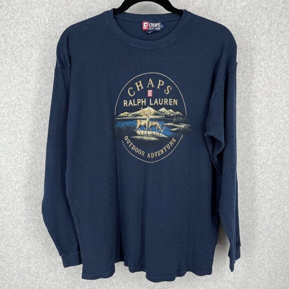 Ralph Lauren Chaps VTG Thermal Long Sleeve Shirt Size L Blue Outdoor Buck Deer - Picture 1 of 10